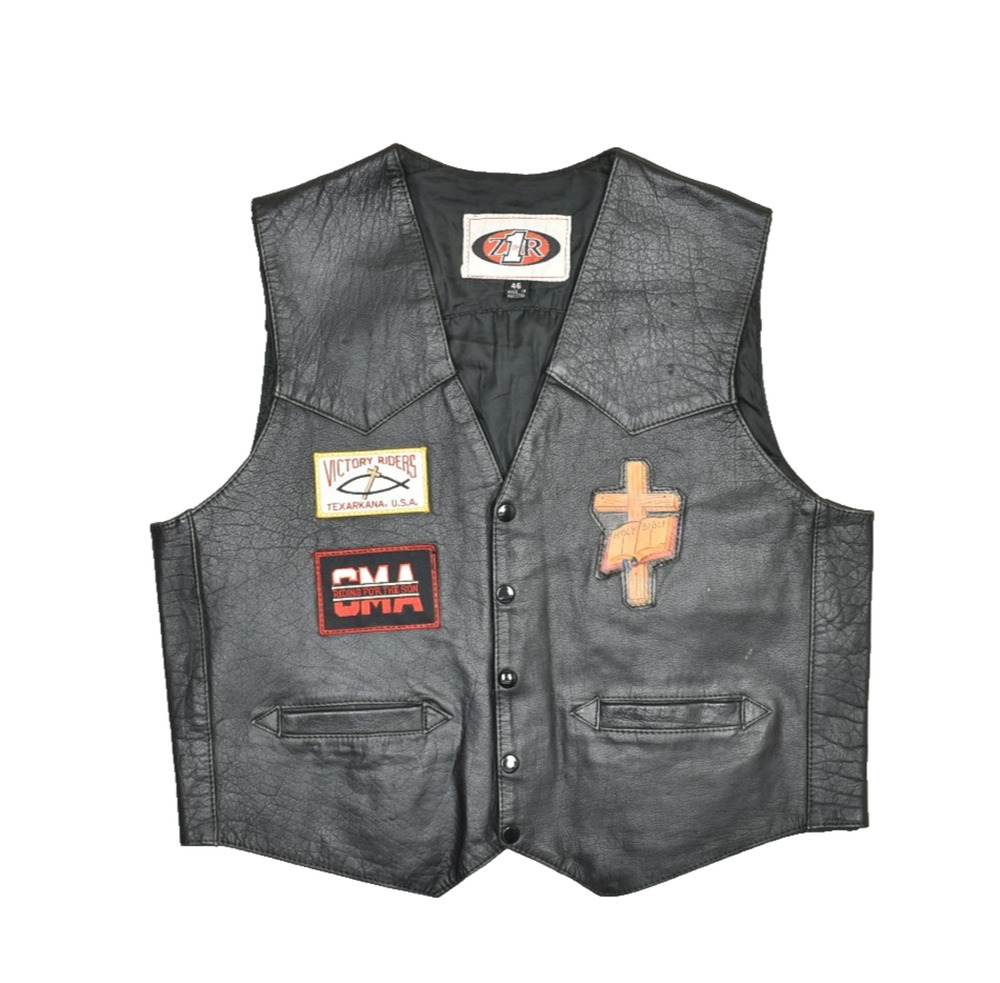 Z1R Black Leather Motorcycle Vest Men's Size 46 Patches Biker Vest